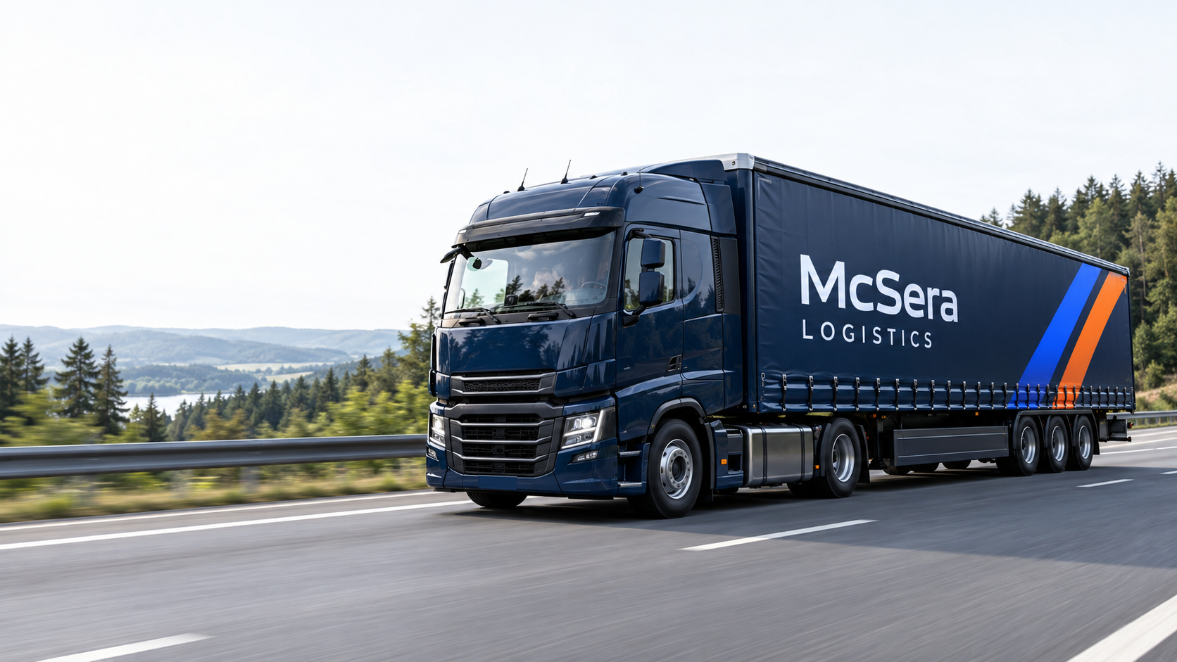 Zukunftsbild eines Lkw im dunkelblauen McSera-Design mit blauen und orangefarbenen Streifen